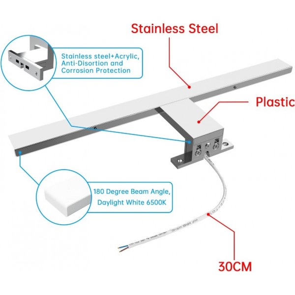Aogled LED Bathroom Mirror Light, 10 W, 820 Lumen,Cool White 6000K 40 cm, 230 V, Stainless Steel 3-in-1 Installation,Class II Waterproof IP44 Bathroom Mirror Lamp, No Flickering, 400 mm Bathroom Mirror Light