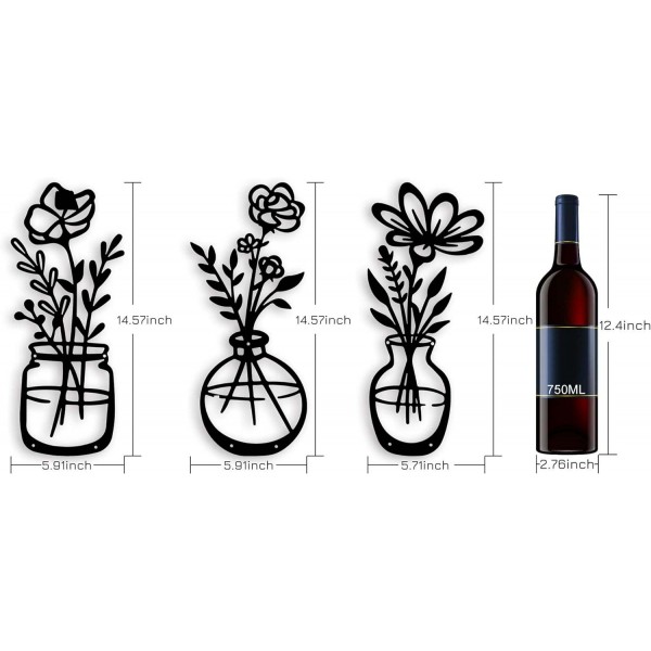 Metal Flowers Wall Decor, 14.56 x 5.9 inches, Vase Wall Art, Metal Wall Sculptures, Hanging for Indoor Kitchen, Bathroom, Bedroom, Living Room
