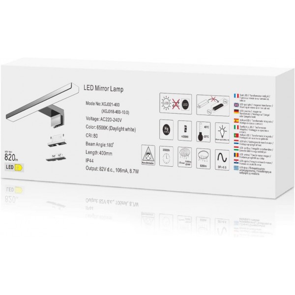 Aogled LED Bathroom Mirror Light, 10 W, 820 Lumen,Cool White 6000K 40 cm, 230 V, Stainless Steel 3-in-1 Installation,Class II Waterproof IP44 Bathroom Mirror Lamp, No Flickering, 400 mm Bathroom Mirror Light