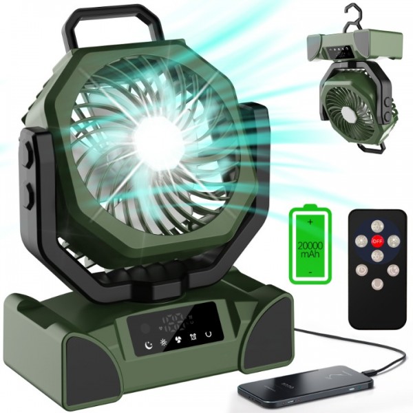 20000mAh Portable Camping Fan Rechargeable,Max 68 Hrs Runtime Battery Operated Tent Fans with LED Lantern,5 Wind Speeds,4 Timer Modes,Desk Fan for Travel,Power Outages (Green)